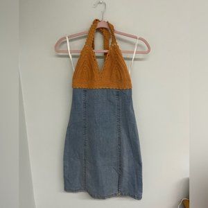 Vintage Y2K HotKiss Denim Crochet Halter Dress?